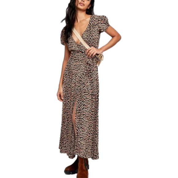Free people XS Floral Jess Wrap Maxi Dress Brown Black NWT MSRP $148 - Picture 1 of 7